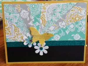 Star Burst card made with Stampin Up Designer paper and embellishments.