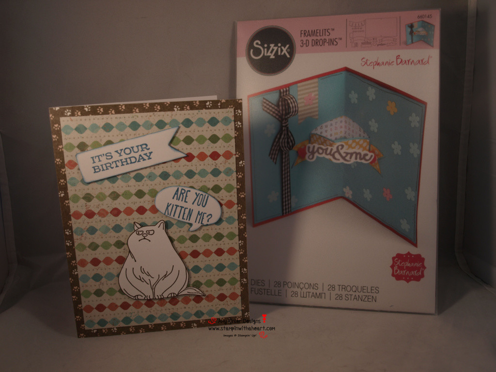 This one is from Brenda. She knows how much I love cats. I mean I have 5. So she made the most adorable cat card and completed my gift with Heart stickers not pictured) and a Pop-Up die set.