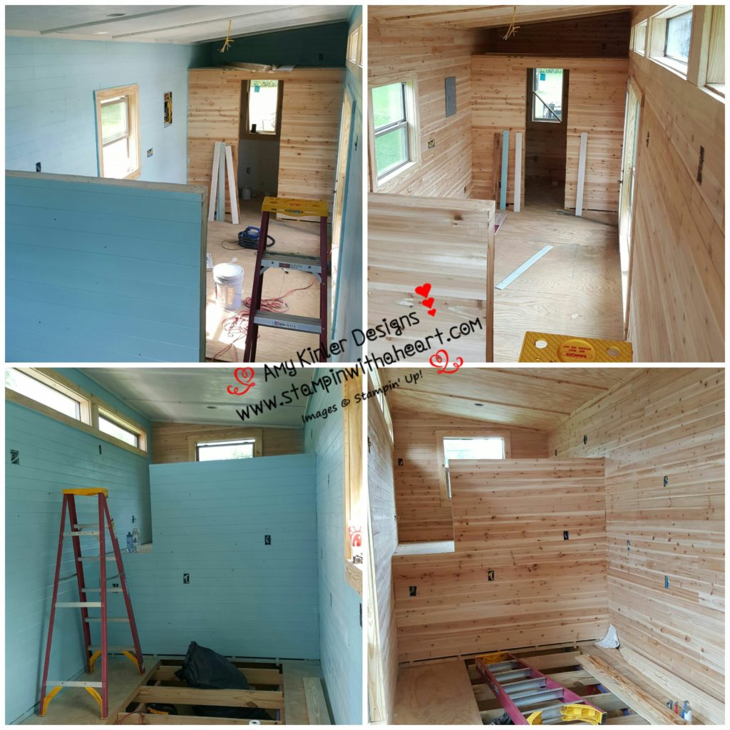 Tiny House has walls on the right. On the Left we painted. The two walls that you see not painted will be either stained or white washed.